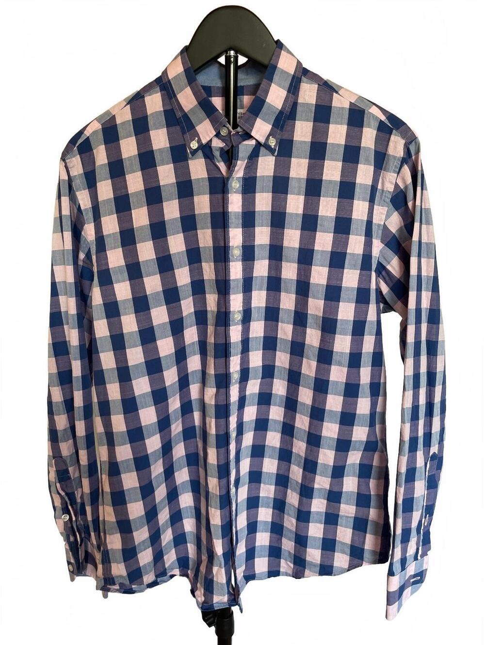 Barneys New York Mens Medium Blue Pink Check Button Down Shirt 100% Cotton